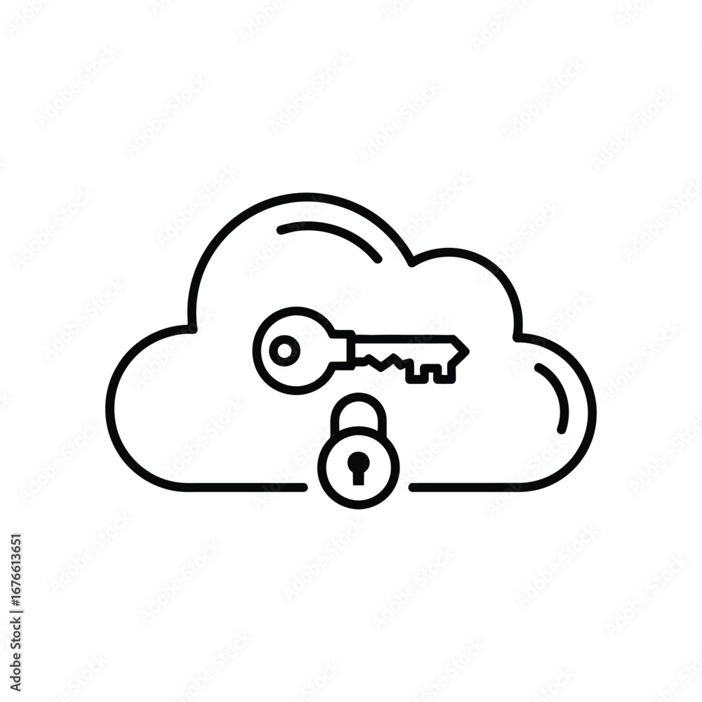 Poster cloud security icon: an icon representing cloud security, with a lock, and key symbolic of safeguard