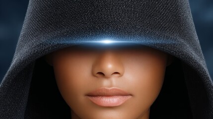 Mysterious woman in hood, portrait of a female with hooded head, enigmatic and serene.