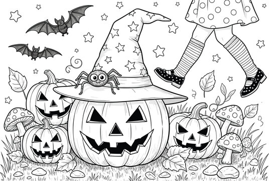 Halloween coloring page with little witch chasing her hat, pumpkins, bats, spider