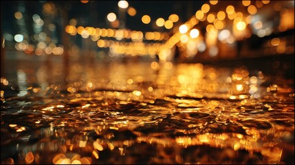 Obraz premium Golden city lights reflected in a rippling water surface, creating a mesmerizing bokeh effect at night.