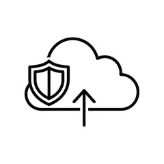 Cloud Security Icon: A minimalist black and white icon featuring a cloud with a shield symbol, representing data protection and secure cloud storage, emphasizing digital safety and privacy.