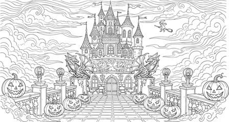 Obraz premium Black and White Line Art Halloween Castle & Pumpkin Coloring Page