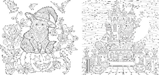 Fototapeta premium Halloween coloring pages with cat on pumpkin, bats, horror spooky castle at night