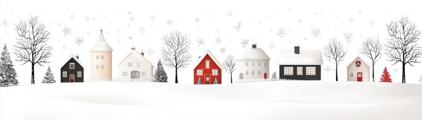 A serene winter scene showcasing charming houses nestled in a snowy landscape, with falling snowflakes adding to the peaceful atmosphere