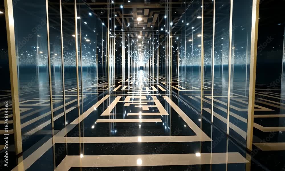 Poster intricate illuminated maze interior with reflections and geometric patterns in dark space