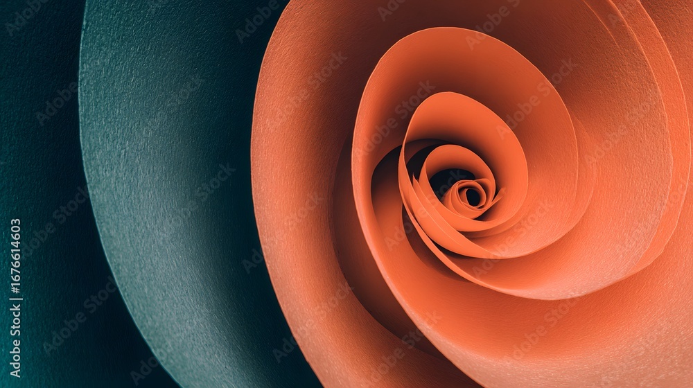 Poster a detailed close-up view of a spiral design made from layers of orange and teal-colored paper, showc