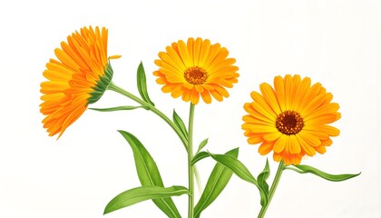 Obraz premium Vibrant orange flowers with green leaves against a white background, showcasing natural beauty