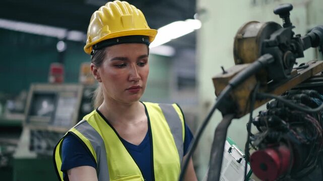 Female trainee working inspecting, learning and repairing robotic arm with engineer foreman at construction site. Inspection control machine, training work, updating program for the robot machine