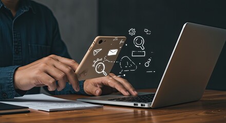 Modern professional seamlessly blending mobile and laptop technology for efficient data analysis and digital communication, symbolizing innovation and connectivity