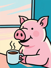 funny pig drinking coffee in the morning Illustrator Artwork design template poster
