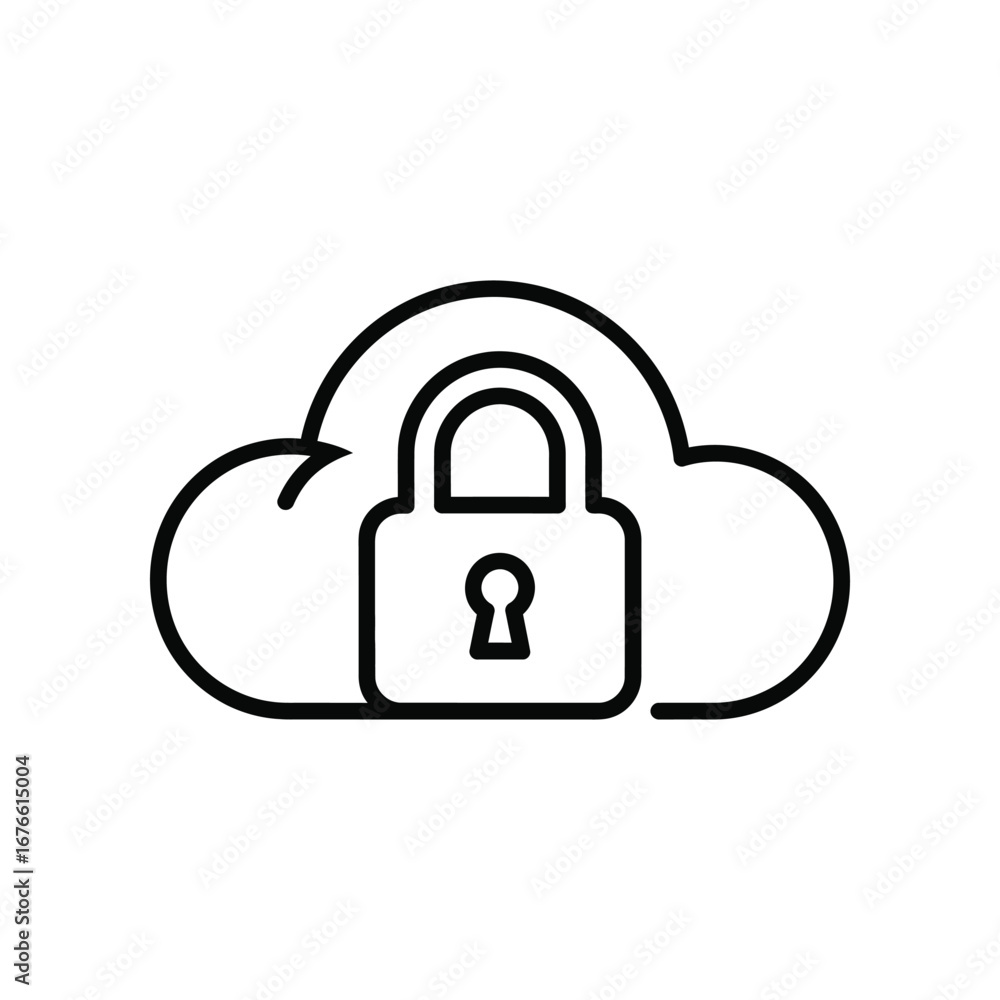 Poster cloud security: a simple icon represents a secure cloud, featuring a padlock embraced by the cloud s