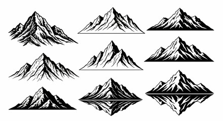 Fototapeta premium Collection of nine monochrome mountain range illustrations, showcasing varying styles and perspectives, some with reflections.
