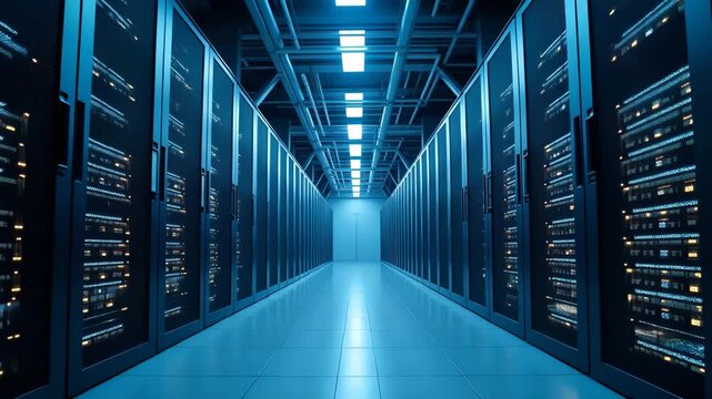 Modern Cloud Data Center Design: State-of-the-Art Infrastructure, Energy Management, Security Systems for Enterprise Digital Operations - Photo Stock Concept with Empty Space