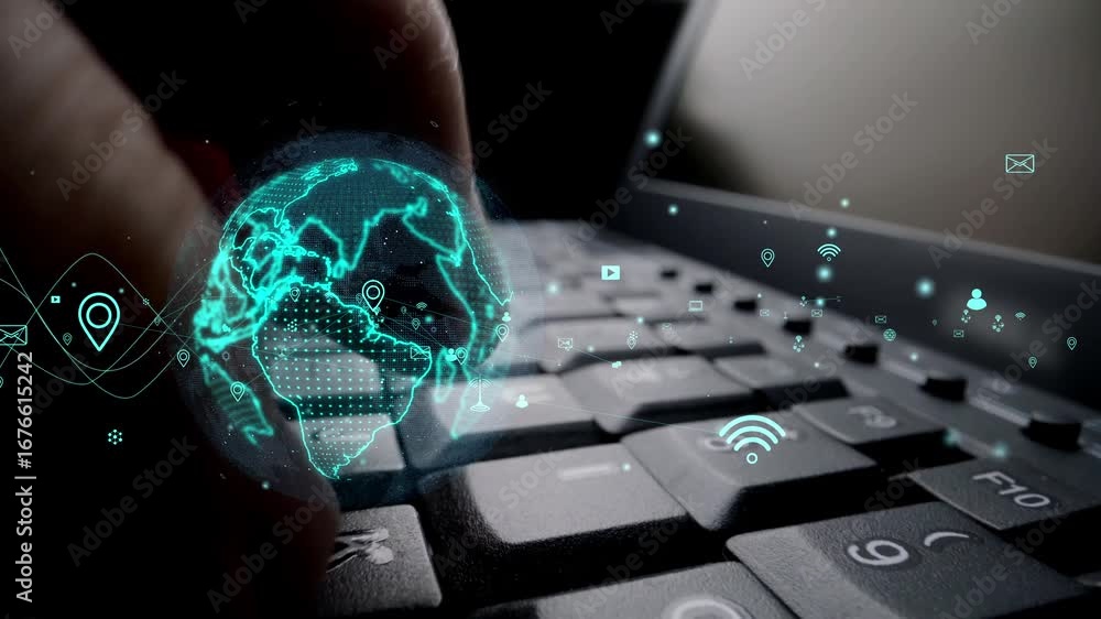 Poster a close-up view of hands typing on a keyboard with futuristic digital icons representing global conn