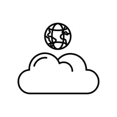 Cloud Computing Concept: Clean and minimalist vector illustration of a stylized globe hovering above a fluffy cloud, symbolizing global connectivity and data storage in a crisp, modern style.