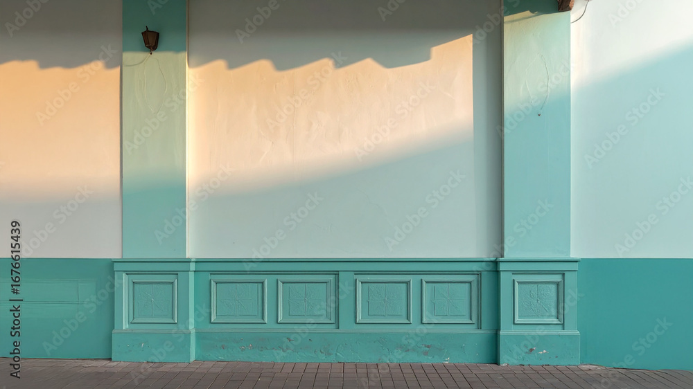 Poster an abstract architectural background featuring a wall with two distinct panels of mint green. the ce