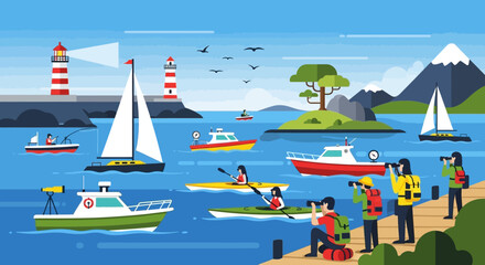 Naklejka premium Coastal Scene with Boats, Kayaks, Birdwatchers, and Distant Mountains