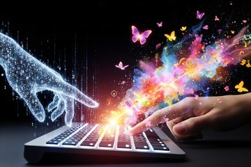Digital creativity emerges from code onto a vibrant, colorful spectrum