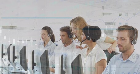 Animation of diverse businesspeople using phone headsets over business people wearing phone headsets - Powered by Adobe
