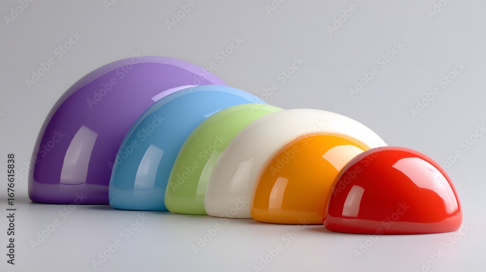 Poster colorful, glossy, semi-circular shapes in a descending size gradient against a neutral background cr