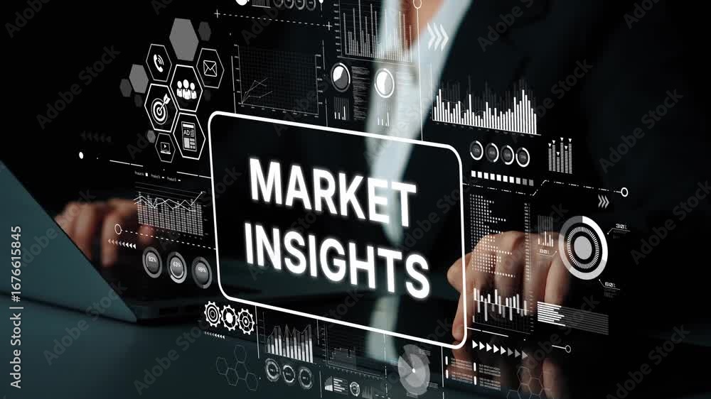Poster professional business person analyzing market insights data with charts and graphs on digital screen