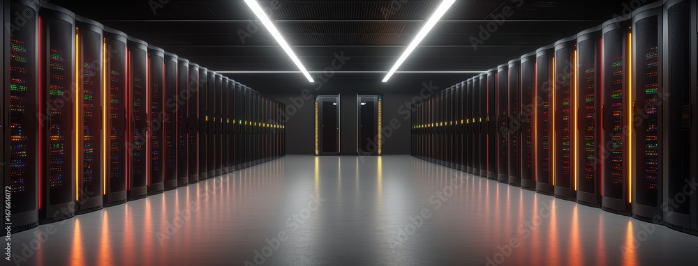 Poster futuristic data center with rows of servers and soft lighting