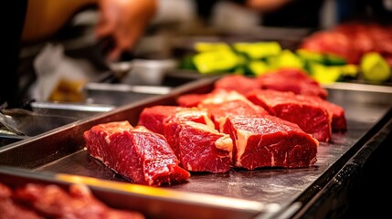 Fresh raw beef cuts on stainless steel table in industrial meat processing facility. Butchery, food production, meat industry and culinary ingredients concept.
