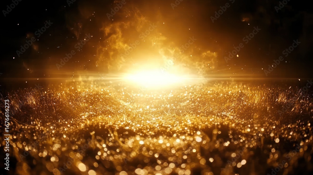 Poster golden abstract background with a bright light emanating from a dark setting