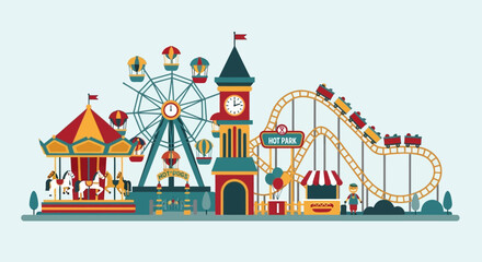 Colorful Amusement Park Scene Featuring Ferris Wheel, Roller Coaster, and Carousel