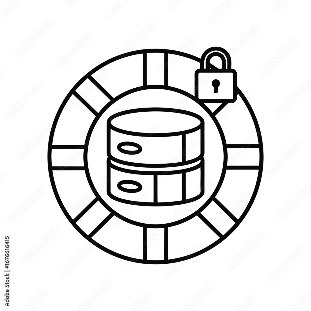 Poster data security fortress: a conceptual outline illustrates a data server safeguarded within a lifebuoy