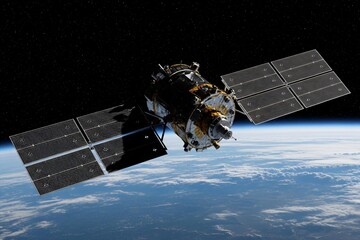 Satellite orbits Earth, advanced technology in space exploration