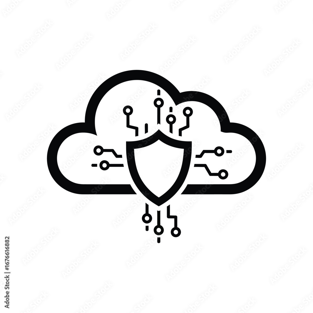 Poster digital fortress: an illustration of a shield superimposed on a cloud, symbolizing data protection a