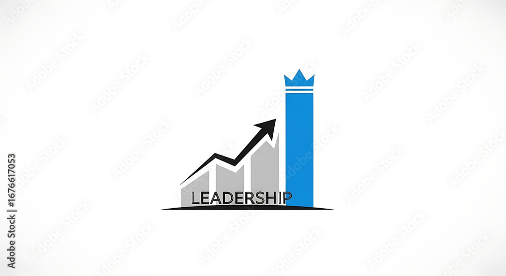 Poster a leadership graph with an arrow pointing upwards and a crown on the tallest bar graph column