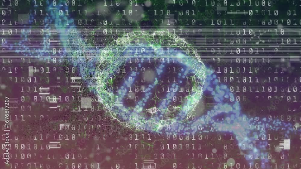 Poster animation of glitch technique over digital brain, dna helix, looping binary codes and nucleotides