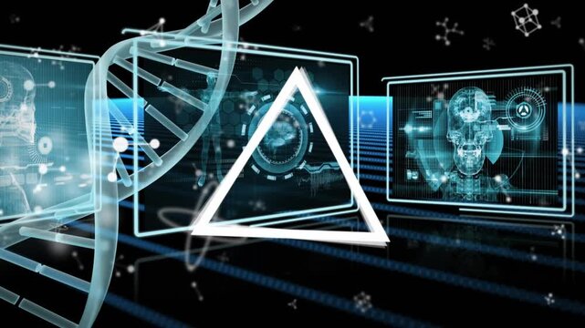 Animation of dna helix and rotating triangles over infographic interface over floating nucleotides - Powered by Adobe