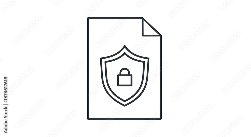Poster a simple line drawing of a document with a shield and padlock on it against a white background
