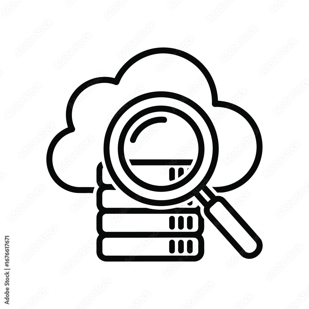 Poster cloud data analysis: an emblematic illustration of a data server cluster and a magnifying glass supe