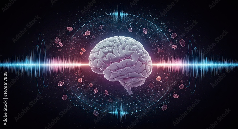 Poster experience the dynamic interplay of sound waves and human cognition with a detailed brain visualizat
