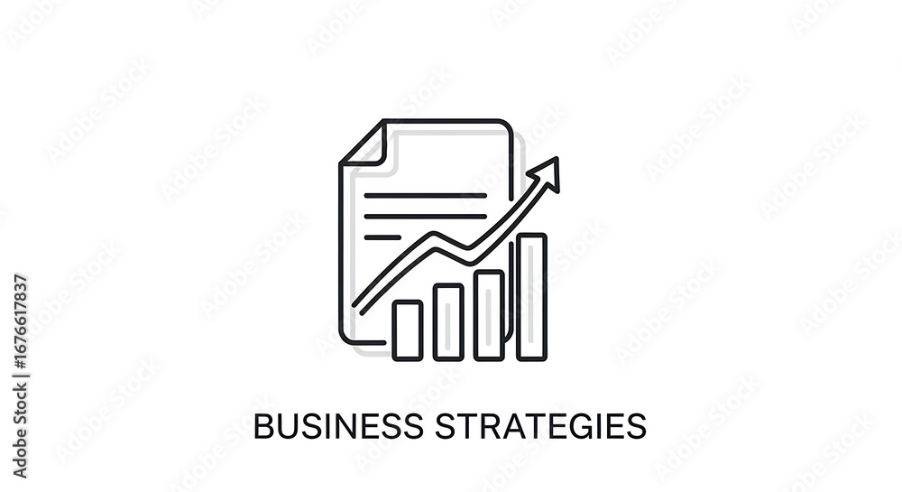 Poster a simple line drawing of a document with bars and an arrow indicating growth and business strategies