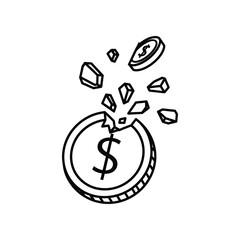 Financial Shattering: A symbolic monochrome illustration of a cracked coin with dollar signs as the core represents themes of financial loss, debt and economic hardship, and financial crisis.