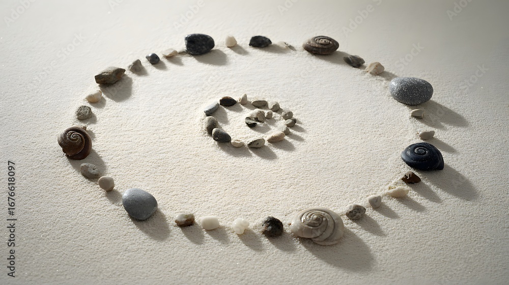 Poster a circular design of stones and shells arranged in a spiral pattern on a light beige surface evokes 