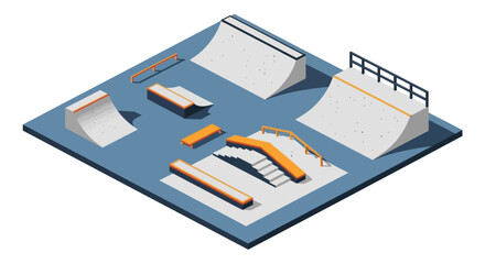 Colorful Isometric View of a Skatepark with Various Obstacles