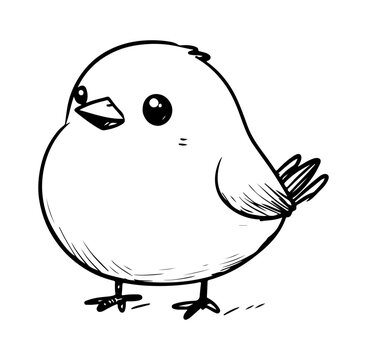 This delightful cartoon bird features big eyes and a round body, perfect for children's illustrations or playful designs. Simple line art adds charm.