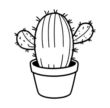 A charming cartoon-style cactus in a pot featuring a simple outline design. Perfect for illustration projects, gardening themes, and home decor elements.