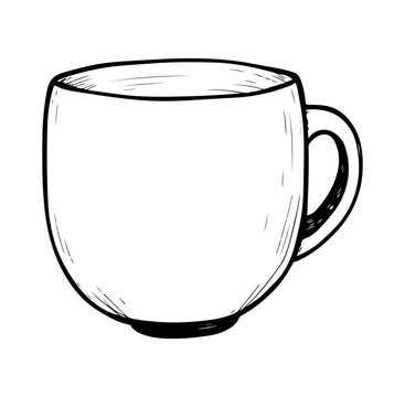 A hand-drawn sketch of an empty coffee mug, perfect for design projects, illustrating comfort, relaxation, and warmth. Ideal for cafe or home decor themes.