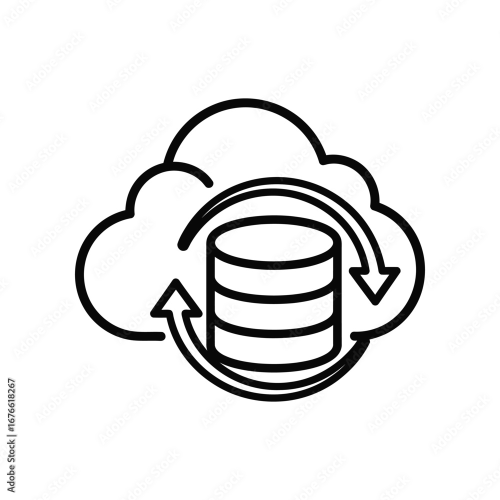 Poster cloud data storage: a digital illustration showing a cloud-shaped icon surrounding a data storage un