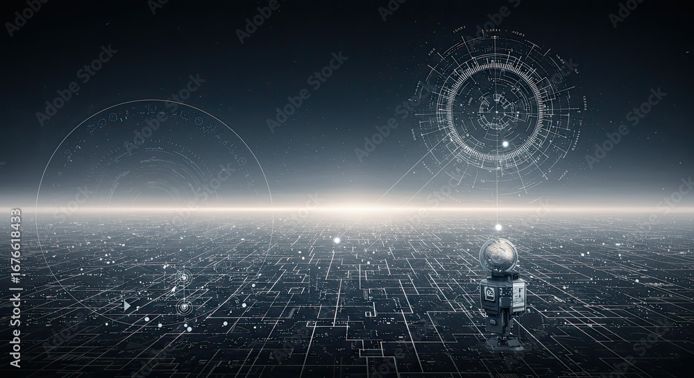 Poster explore futuristic digital landscape with advanced ai robot and glowing data visualizations creating