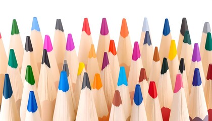 A vibrant collection of sharpened colored pencils arranged closely, showcasing various colors against a white background