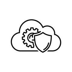 Cloud Security Icon: A simple yet elegant icon representing cloud security, featuring a cloud shape, a gear, and a shield, perfect for conveying concepts of data protection, technology.