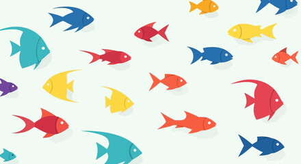 Colorful School of Simplified Fish Swimming in Light Blue Water